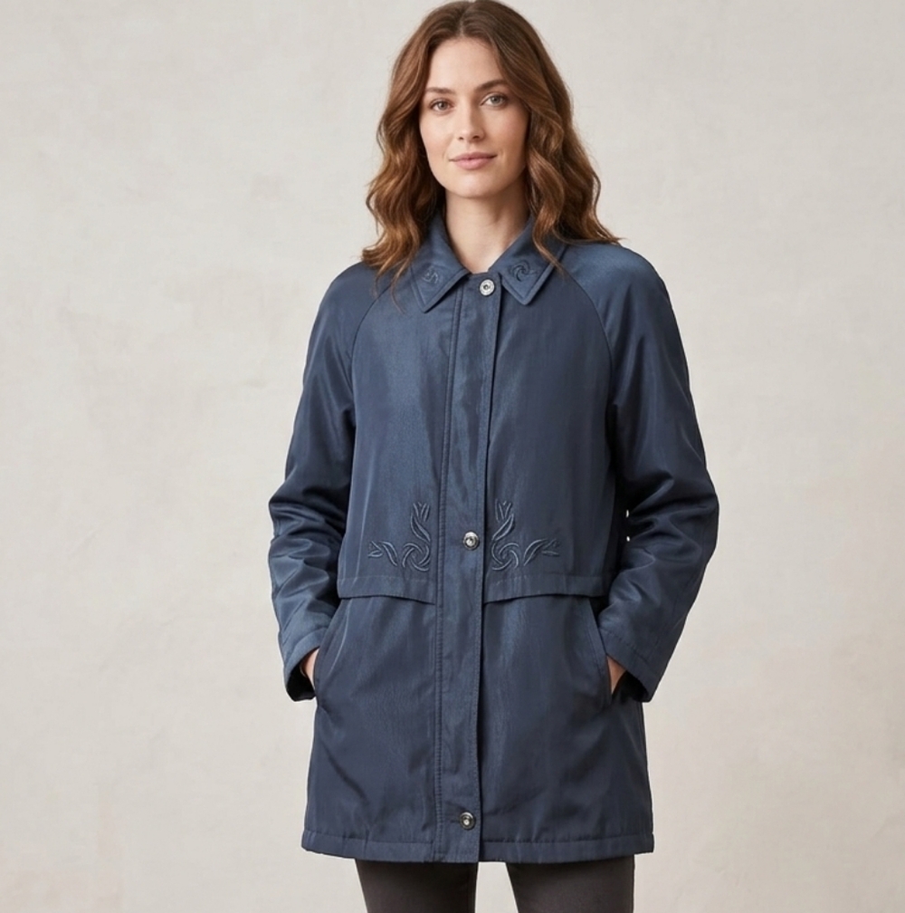 Vintage Sequence Teal Midi Length Full Zip Women's Trench Coat Size 16